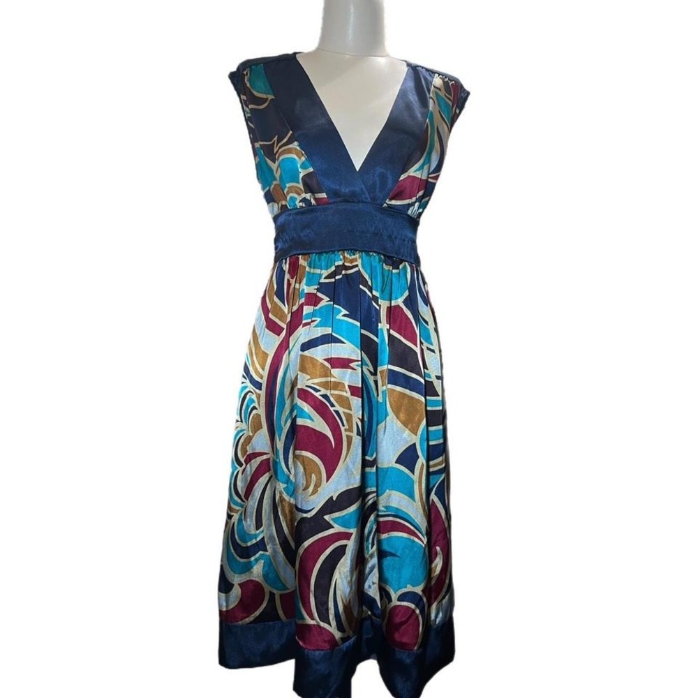 Forever Multicolor Abstract Print Midi Dress V Neck Tie Waist Party